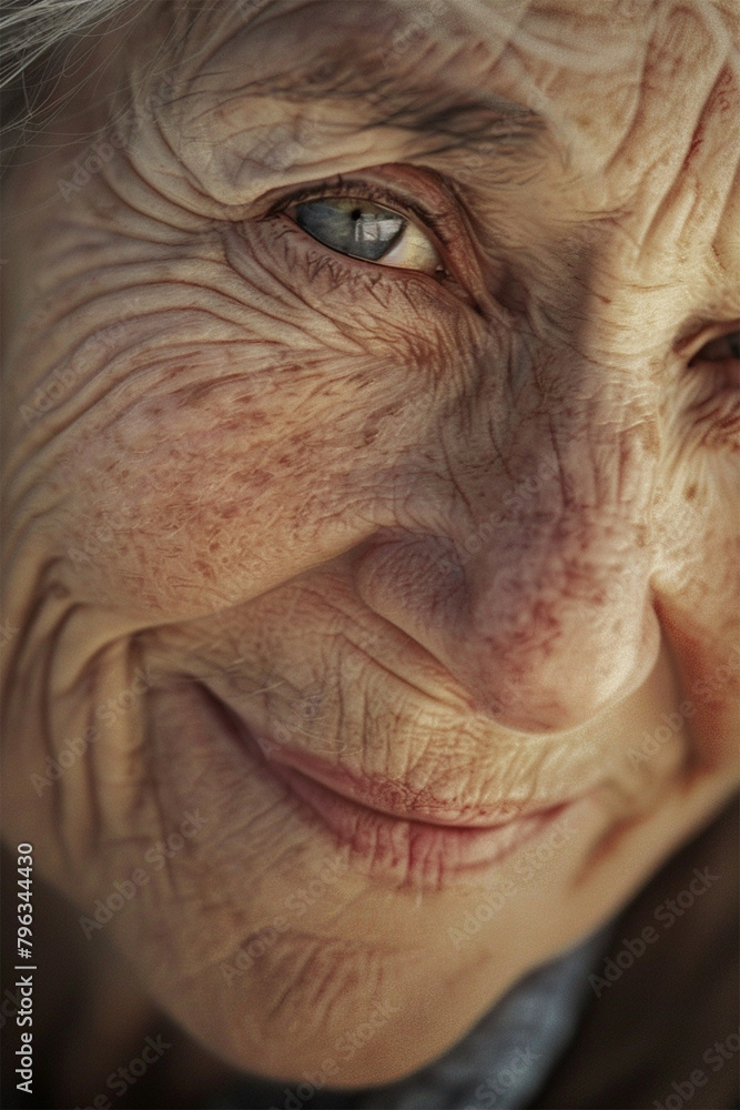 A close-up portrait of a woman with weathered features and a warm smile etched with wrinkles. Her eyes twinkle with mischief A close-up portrait of a woman with weathered features and a warm smile etched with wrinkles. Her eyes twinkle with mischief