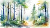 Watercolor forest landscape illustration depicting serene woodland with atmospheric fog, suitable for environmental themes and tranquility concepts