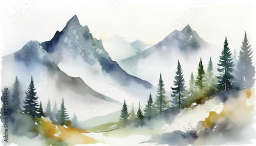Misty mountain landscape watercolor painting with evergreen pine trees  ideal for travel themes  nature backgrounds  and artistic outdoor concepts