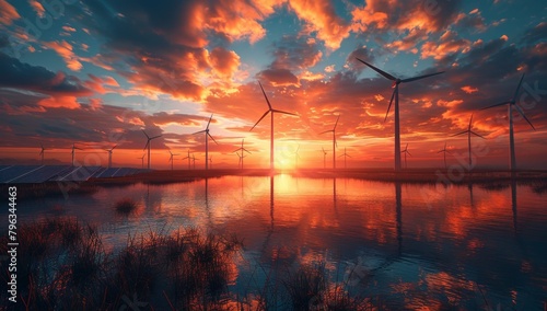 Vibrant Wind Turbine and Solar Panels at Sunset - Renewable Energy Concept