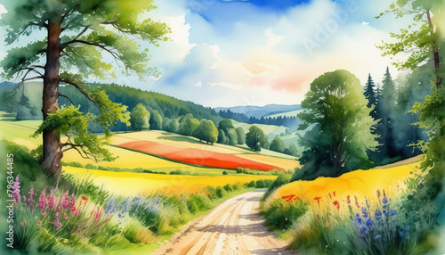 Idyllic countryside watercolor landscape with blooming fields, a serene dirt road, and a vibrant summer sky, perfect for Spring and Earth Day themes