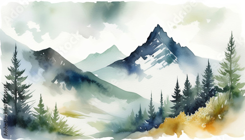Tranquil watercolor landscape featuring misty mountains and evergreens, ideal for themes of wilderness, adventure, and Earth Day celebrations