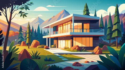 landscape with houses. Modern houses in the forest: vector graphics.Forest landscape: Art Nouveau houses. Two-storey houses. Against the background of mountains and nature. Eco-friendly houses. 