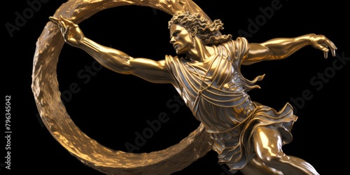 A man is leaping into the air in front of a gold circle. The man is wearing a gold dress and is reaching out with his hand. The image has a sense of motion and energy