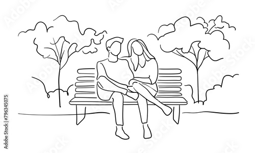 Girl and guy sitting on a bench park line art isolated on white background. Summer line art drawing. Vector illustration