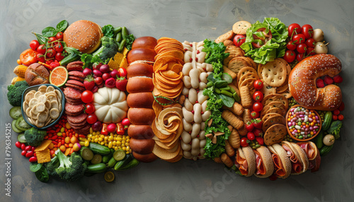 Wallpaper Mural Half part of plastic over side fat body full of candy and snacks in light grey background.generative ai Torontodigital.ca