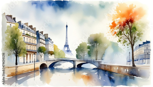 Artistic watercolor painting of Paris with the Eiffel Tower and Seine River bridge, ideal for travel themes and Bastille Day celebrations