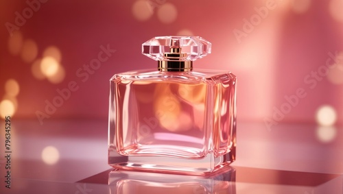 A transparent perfume bottle containing a light pink liquid is sitting on a reflective surface.