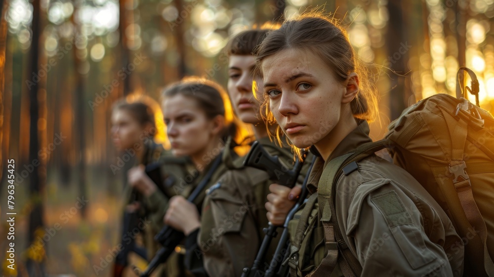 Diverse Female Soldiers Standing in Formation in a Forest Setting. Generative ai Diverse Female Soldiers Standing in Formation in a Forest Setting. Generative ai