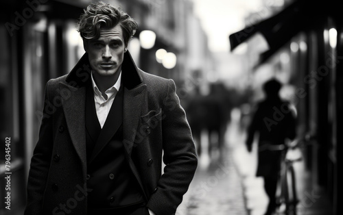 generated illustration suited guy in the busy city street with moody. black and white fashion shoot