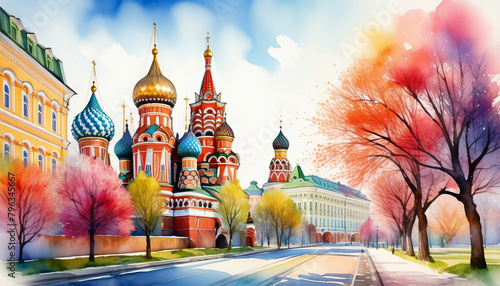 Colorful illustration of Saint Basil's Cathedral in Moscow, Russia, reflecting springtime vibes, suitable for travel themes and Victory Day celebrations