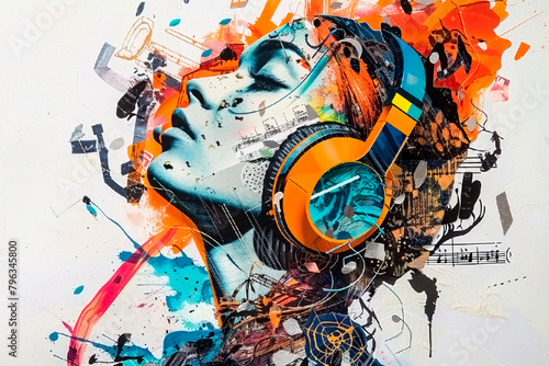 Music and avant garde, portrait of a person with headphones surrounded by colorful details photo