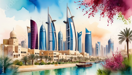 Stylized artistic representation of a futuristic skyline juxtaposed with traditional architecture along a serene waterfront, ideal for travel and cultural diversity themes