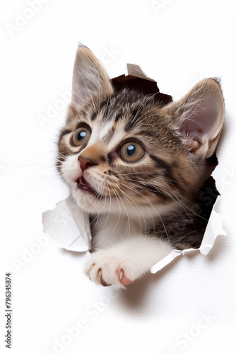 a kitten  breaking through the paper generated by AI