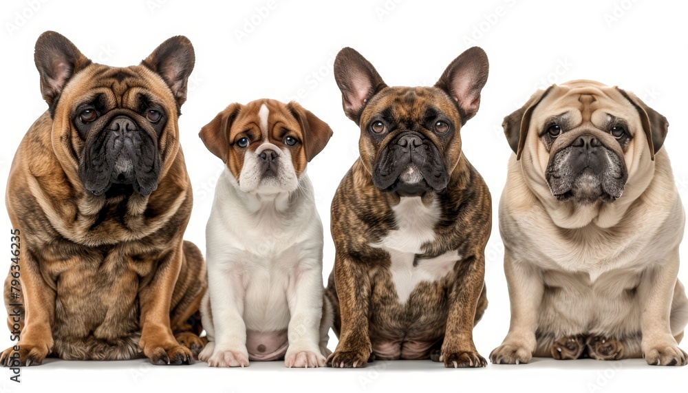 Assorted cats and dogs in studio setting on white background with space for text