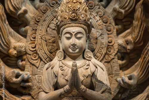 A statue of a Buddha with a hand raised in a prayer pose