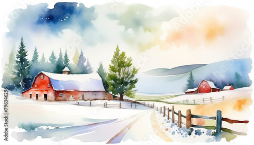 Idyllic watercolor winter scene with snow-covered farmhouses and evergreens, ideal for Christmas and tranquil rural life concepts
