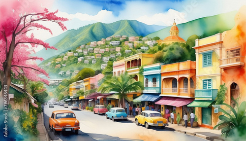 Colorful illustration of a bustling tropical street scene with vintage cars and pastel buildings, ideal for travel and cultural diversity themes