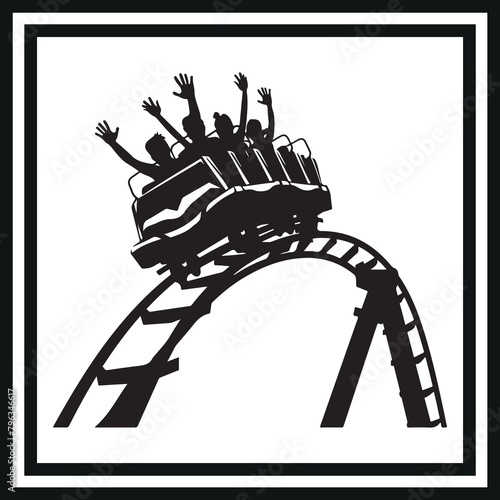 Roller coaster silhouette with excited riders clipart on white background
