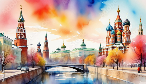 Vibrant, artistic depiction of Moscow's iconic Kremlin and Saint Basil's Cathedral along the Moskva River, evoking Russian cultural heritage and Victory Day celebrations photo