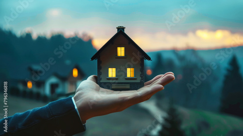 A person proudly holds a small house model, symbolizing real estate ownership, mortgages, and property transactions