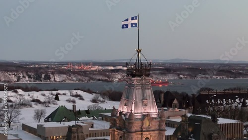 Quebec City- Parliament and Flag Aerial in Winter