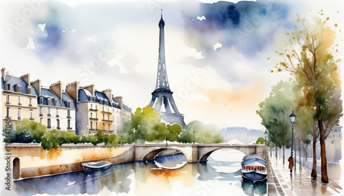Watercolor illustration of a serene Parisian scene featuring the Eiffel Tower, Seine River with bridge and boat, ideal for travel and Bastille Day themes