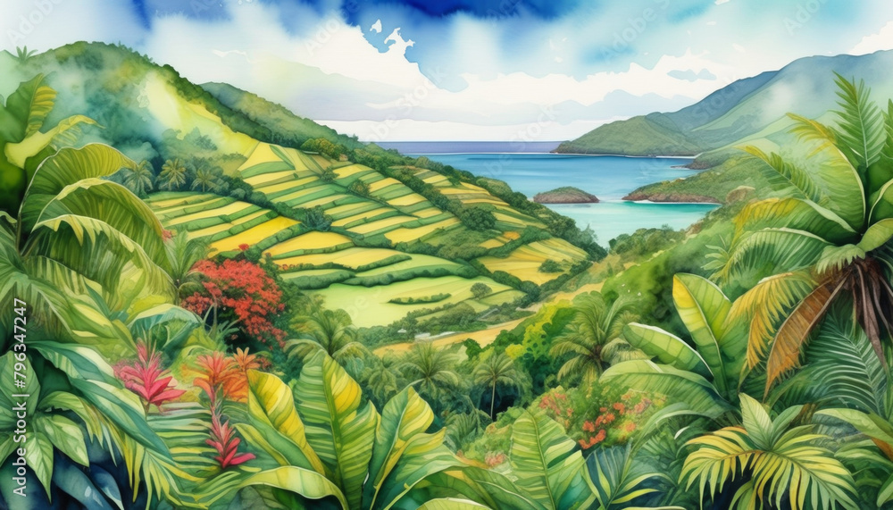 Idyllic tropical landscape with terraced fields and lush vegetation overlooking a serene bay, ideal for travel and Earth Day themes Idyllic tropical landscape with terraced fields and lush vegetation overlooking a serene bay, ideal for travel and Earth Day themes