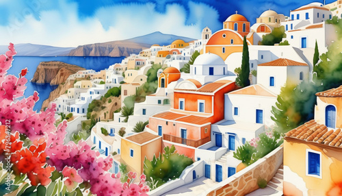 Vibrant watercolor illustration of a Greek island village with white houses and blue domes, ideal for travel, tourism, and Mediterranean culture themes