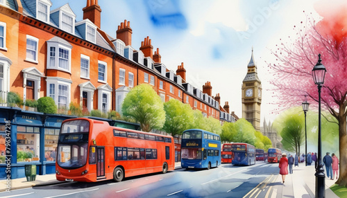 Idyllic digital illustration of London street in spring with iconic red buses, the Big Ben, and cherry blossoms, perfect for travel-themed projects and British holidays