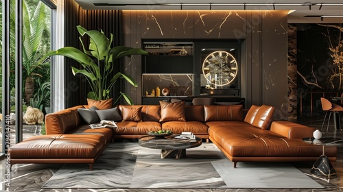 Brown style leather sofa in dark living room interior