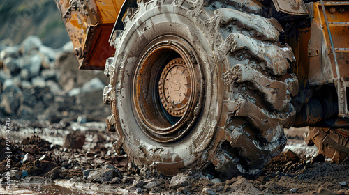 A powerful industrial truck with massive wheels navigates down a rugged rocky road on a construction site