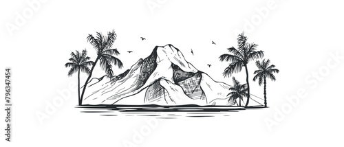 palm trees landscape with ocean and gram vector sketch/ palm trees beach with mountains vector drawing
