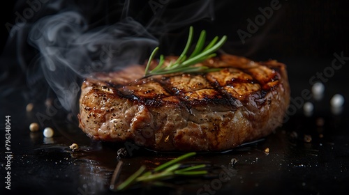 Seasoned meat steak on a black background, placed ,The steak is deliciously grilled and beautifully plated.