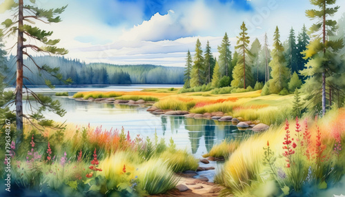 Idyllic watercolor painting depicting a serene woodland landscape with lake, vibrant wildflowers, and conifers, ideal for nature-themed decor and Earth Day celebrations © fotogurmespb