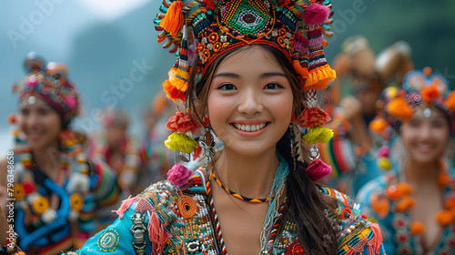 Colorful Celebration, Portrait of Beautiful Asia Woman Smiling and dancing at Caravan Festive Parade in Local Dance and Cloth Festival. Diverse Cultural Joy. Embracing Diversity.