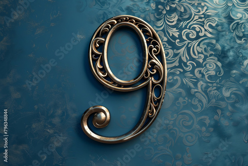 Elegant number nine on textured blue background photo