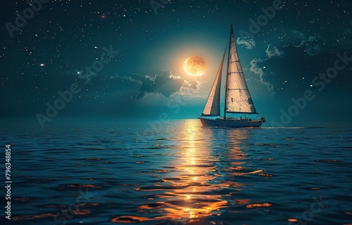 sailing boat in the sea at night, the sky is clear and full of stars and the sea water is calm