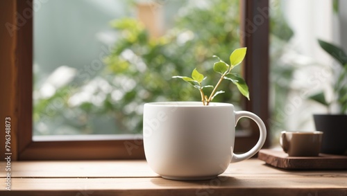 A white coffee mug sits on a wooden table in front of a window.  © Awais
