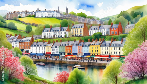Idyllic European riverside town depicted in vibrant watercolor, ideal for travel, tourism themes, and spring or summer season promotions