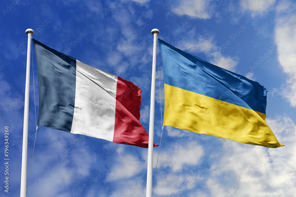 3d illustration. France and Ukraine Flag waving in sky. High detailed waving flag. 3D render. Waving in sky. Flags fluttered in the cloudy sky. 3d illustration. France and Ukraine Flag waving in sky. High detailed waving flag. 3D render. Waving in sky. Flags fluttered in the cloudy sky.