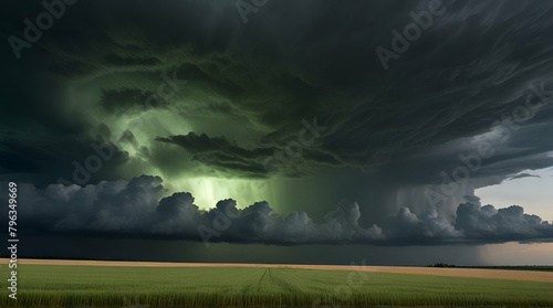 Dark stormy clouds over wheat field. Square panorama from two photos.Genrative.ai 