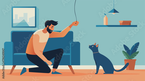 In a cozy living room a mischievous kitten dangles a piece of string in front of her owners face teasing him with playful swipes of her paw. The