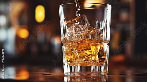A glistening glass of whiskey with ice, set against the warm backdrop of a cozy bar photo
