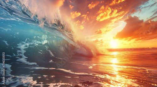 A wave crashing into the ocean with a beautiful sunset in the background