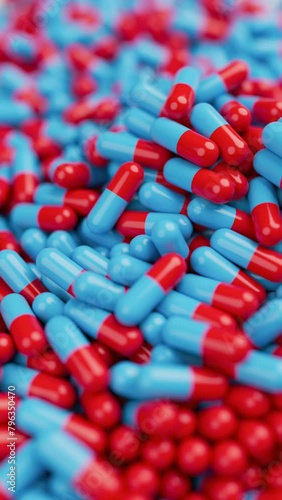 Closeup of red and blue pills mixing and spin in slow motion with shallow DOF. Drugs, pills, tablets, medicine concept. 3d render animation. Vertical video (ID: 796350470)