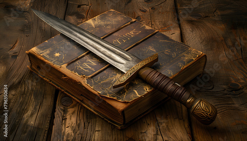 Illustration of an aged book resting on a weathered wooden table. Atop the book, a gleaming dagger lies