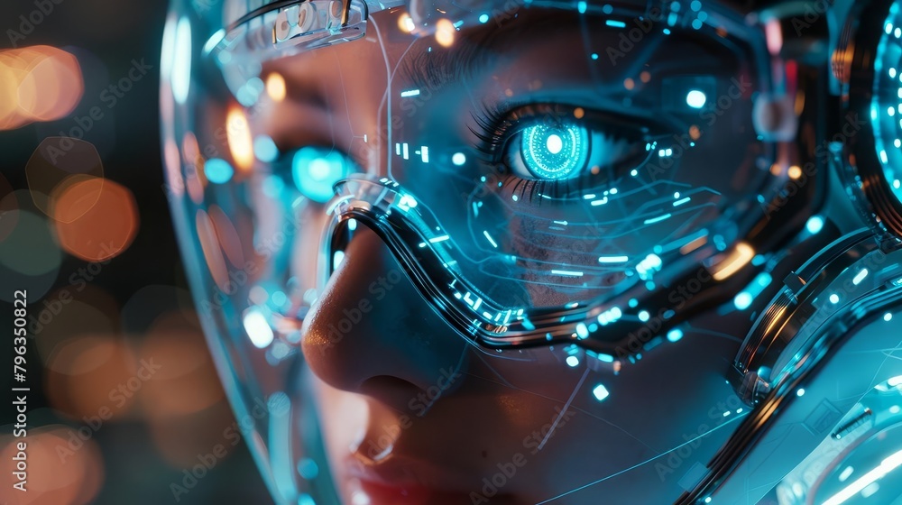 Close-up of a robot with floating eyeglasses, 3D hologram, neon wireframe, detailed quantum energy flow Close-up of a robot with floating eyeglasses, 3D hologram, neon wireframe, detailed quantum energy flow