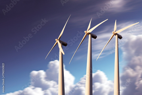 Energías renovables y aerogeneradores. Parque de molinos de viento y paisaje al atardecer.