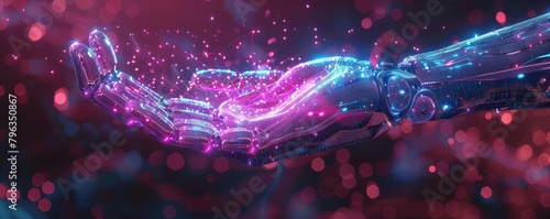 Close-up robot hand, intricate neon wireframe, holographic shine, epic quantum core